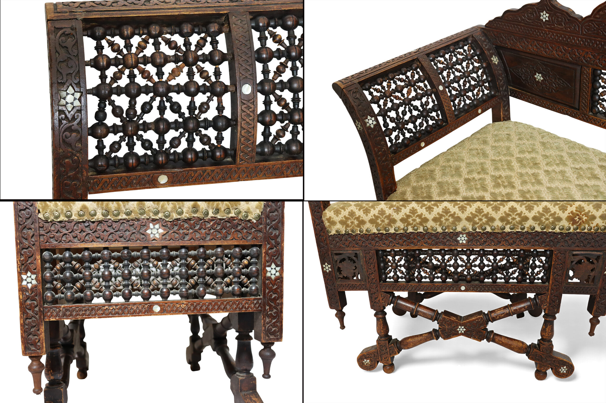 antique orient islamic vintage Carved Walnut Bench Inlaid With Mother-of-pearl  carpet From Damascus, Syria Moorish art 25A