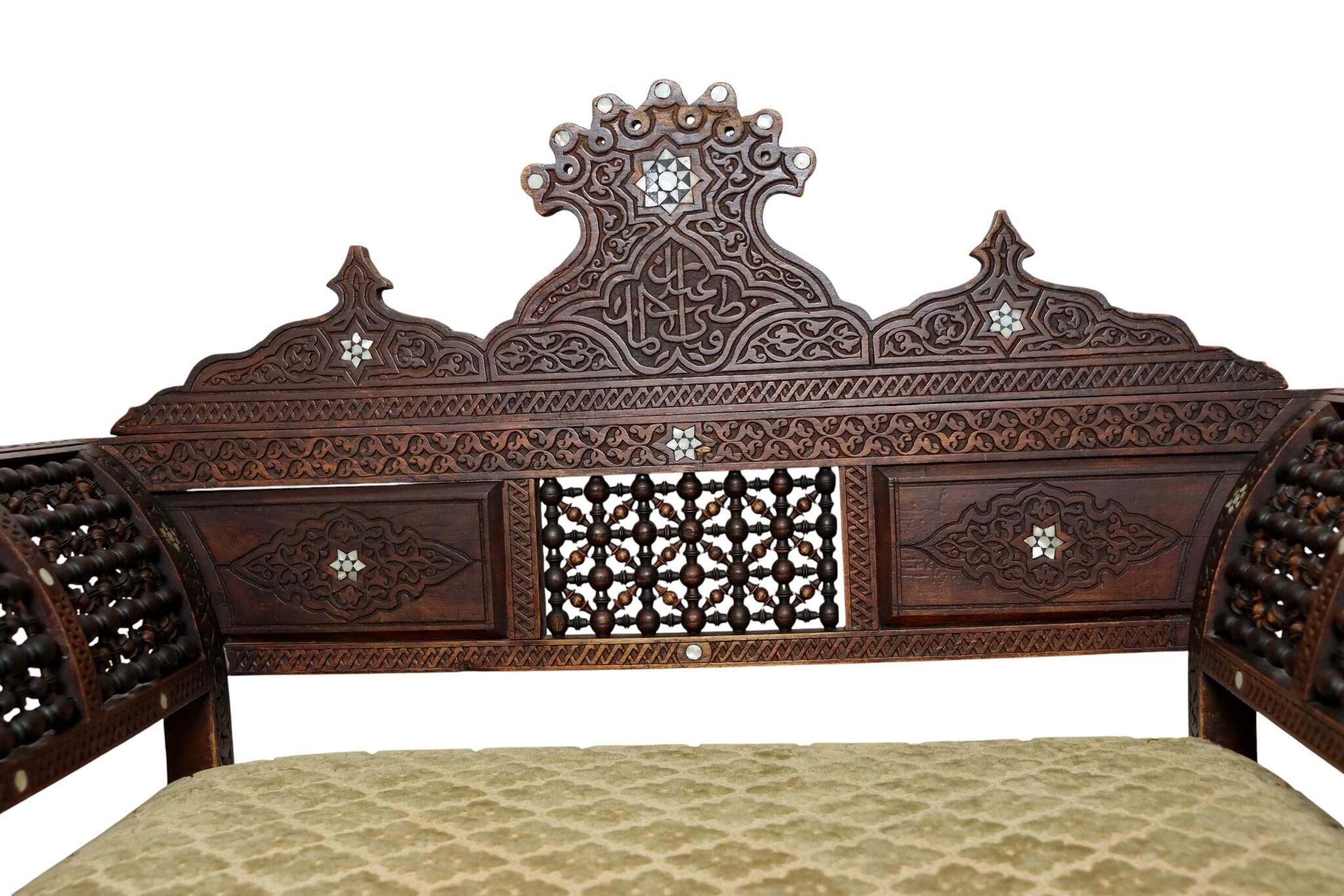 antique orient islamic vintage Carved Walnut Bench Inlaid With Mother-of-pearl  carpet From Damascus, Syria Moorish art 25A