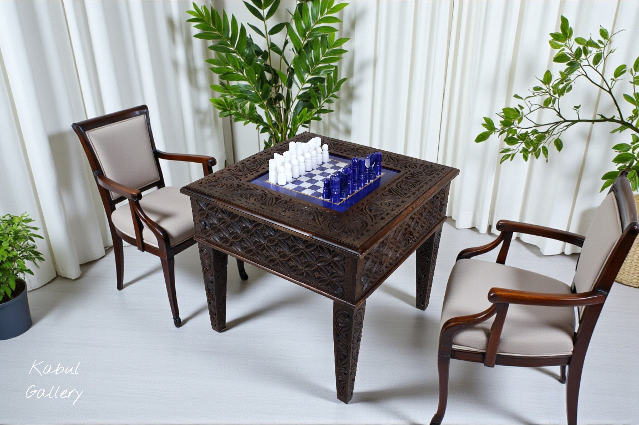 Unique Solid Wood Hand Carved Chess Table Chess Board & Chess Pieces Made From Lapis Lazuli Marble Handmade Chess Set from Afghanistan