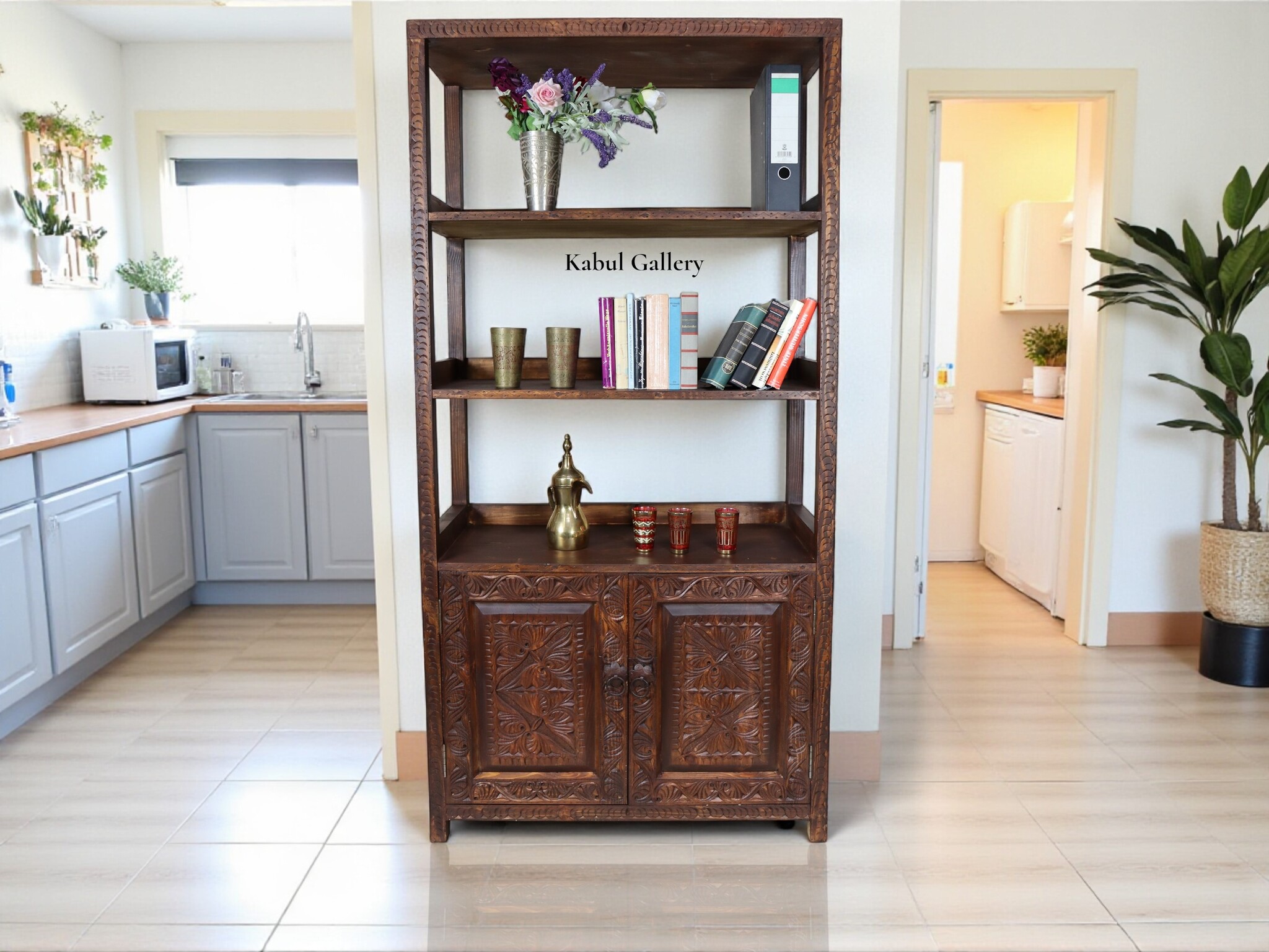 antique-look Hand carved solid wood  orient vintage wooden cabinet bookshelf shelf from Afghanistan Nuristan 23