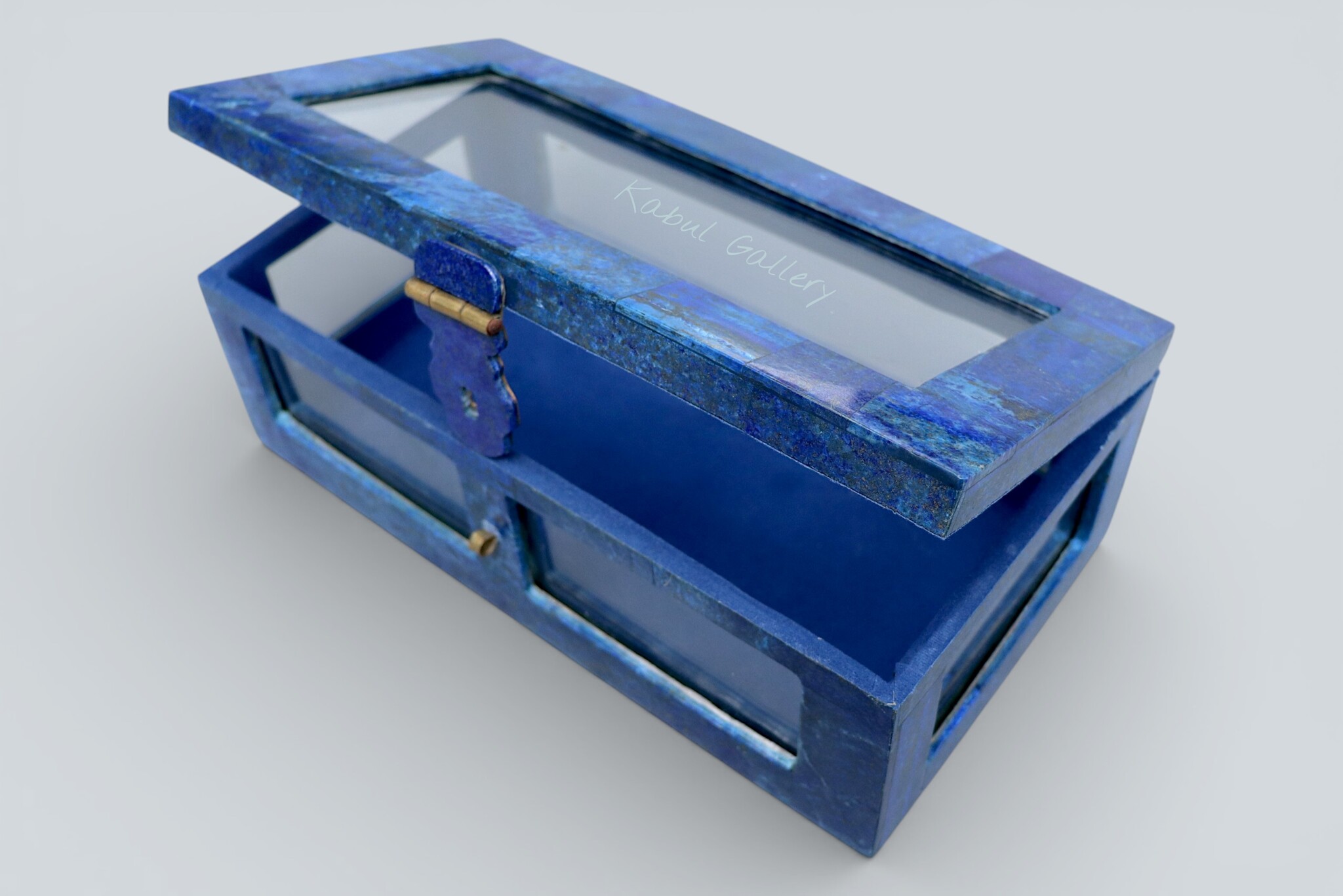 Hand Crafted stunning genuine Lapis Lazuli Gemstone Glass and brass jewellery Box from Afghanistan. Nr-18/A