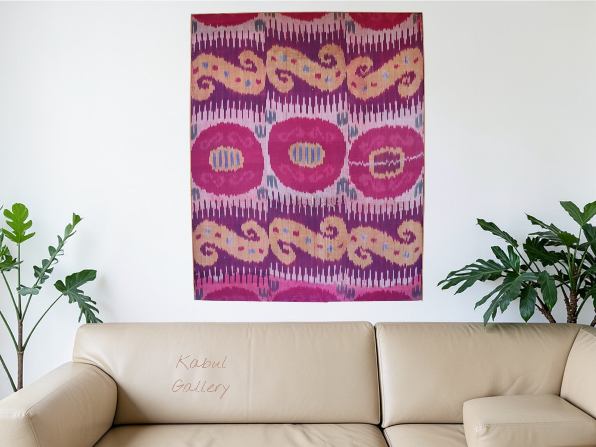 137x135 cm Antique  Uzbek tribal  Silk Ikat  Wall Hanging stretched on MDF wood