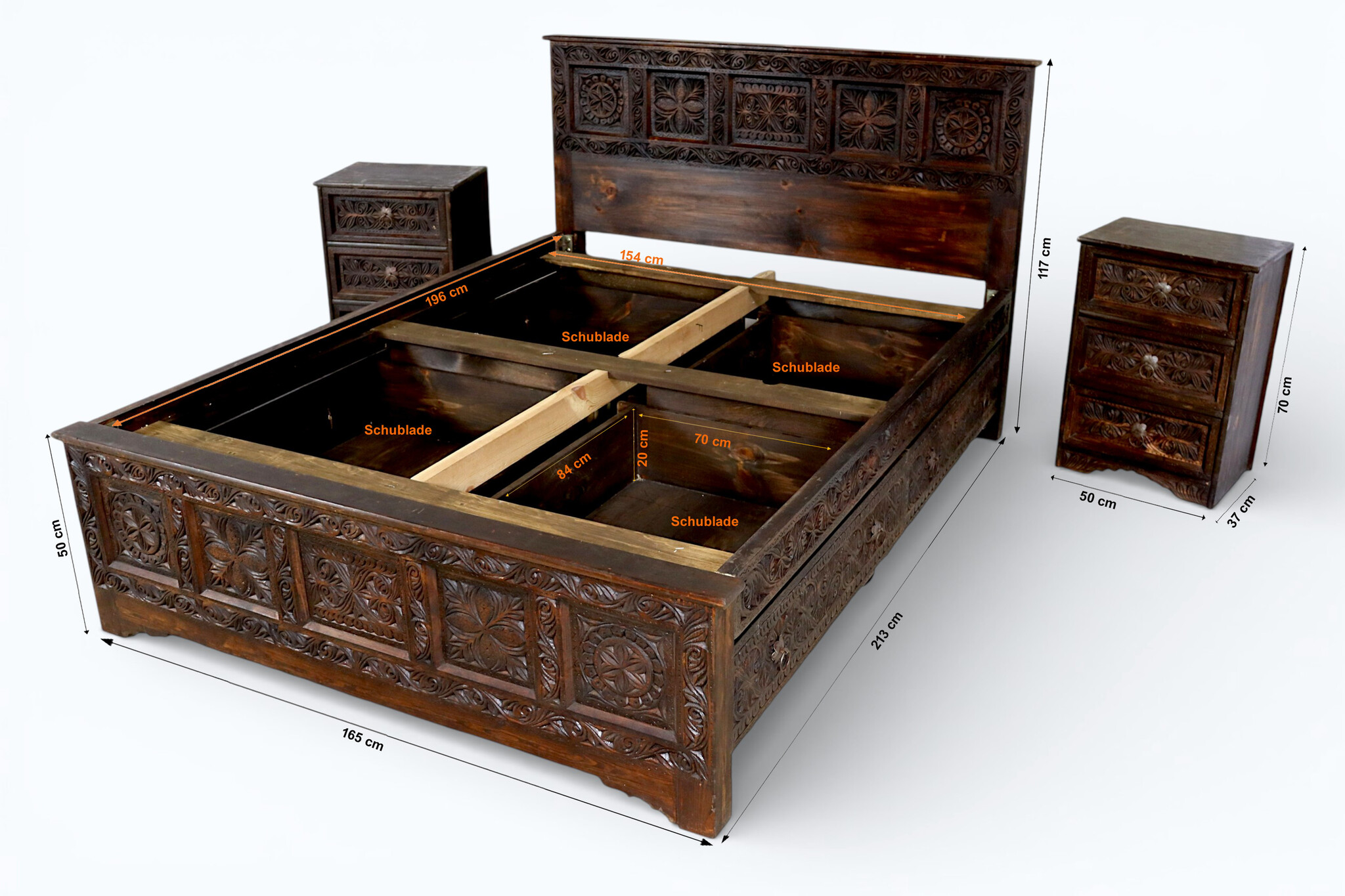 bedroom set orient hand-carved solid wood bed double bed with 4 drawers and 2 bedside table  Nuristan  Afghanistan 23 home