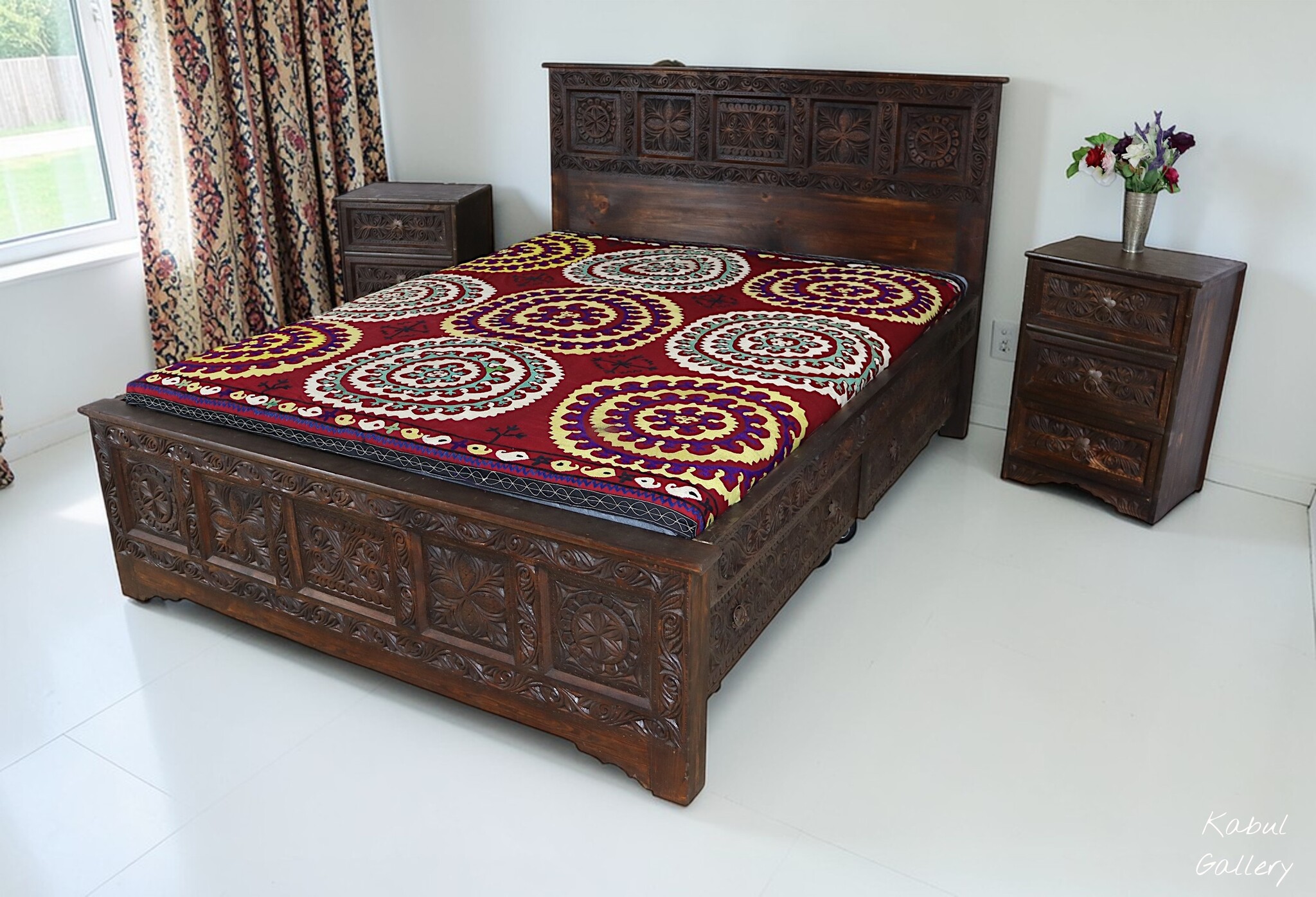 bedroom set orient hand-carved solid wood bed double bed with 4 drawers and 2 bedside table  Nuristan  Afghanistan 23 home