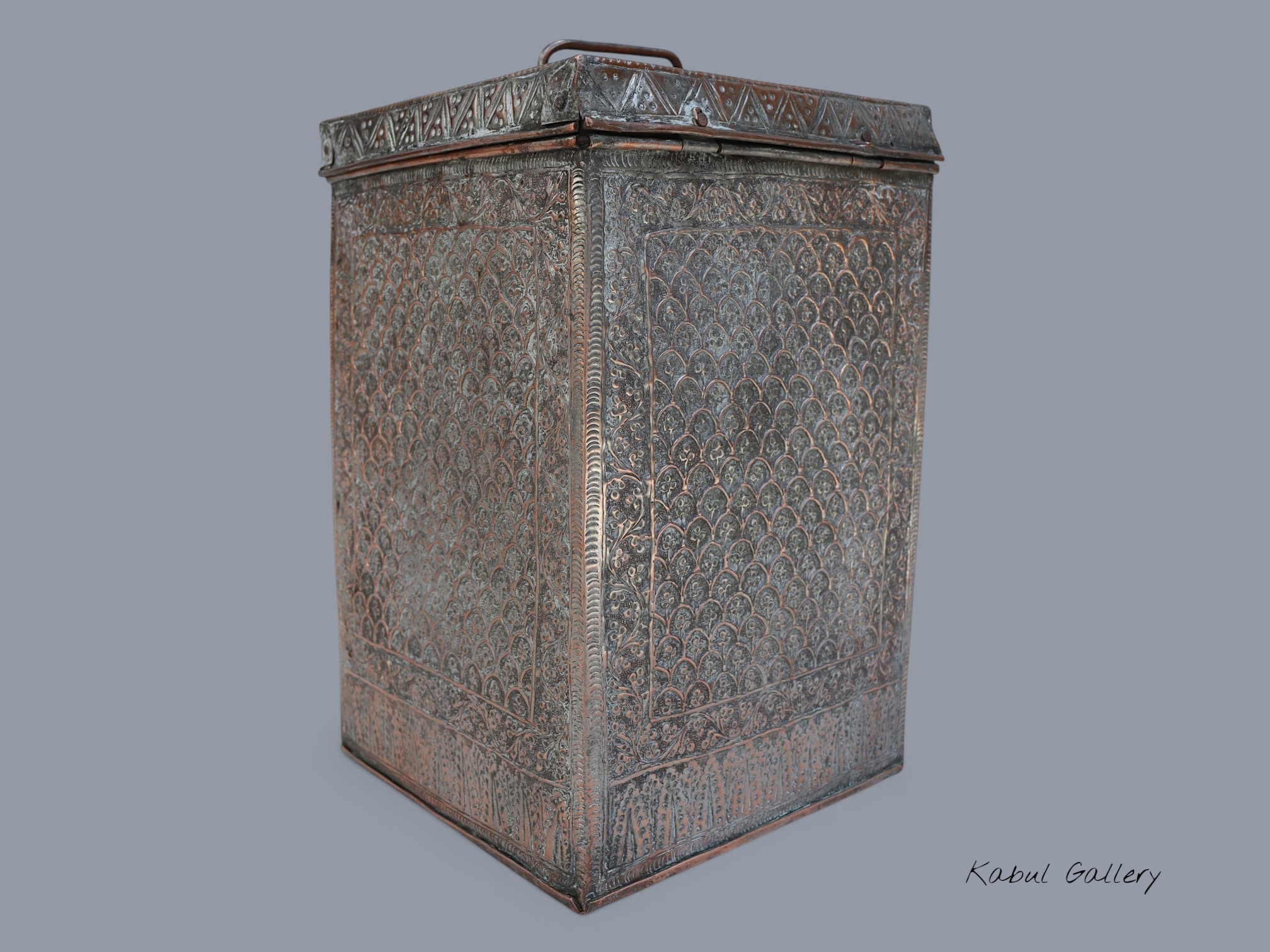 antique islamic solid copper tinned box chest tube jewelry box casket from Afghanistan 19th century No:ET26