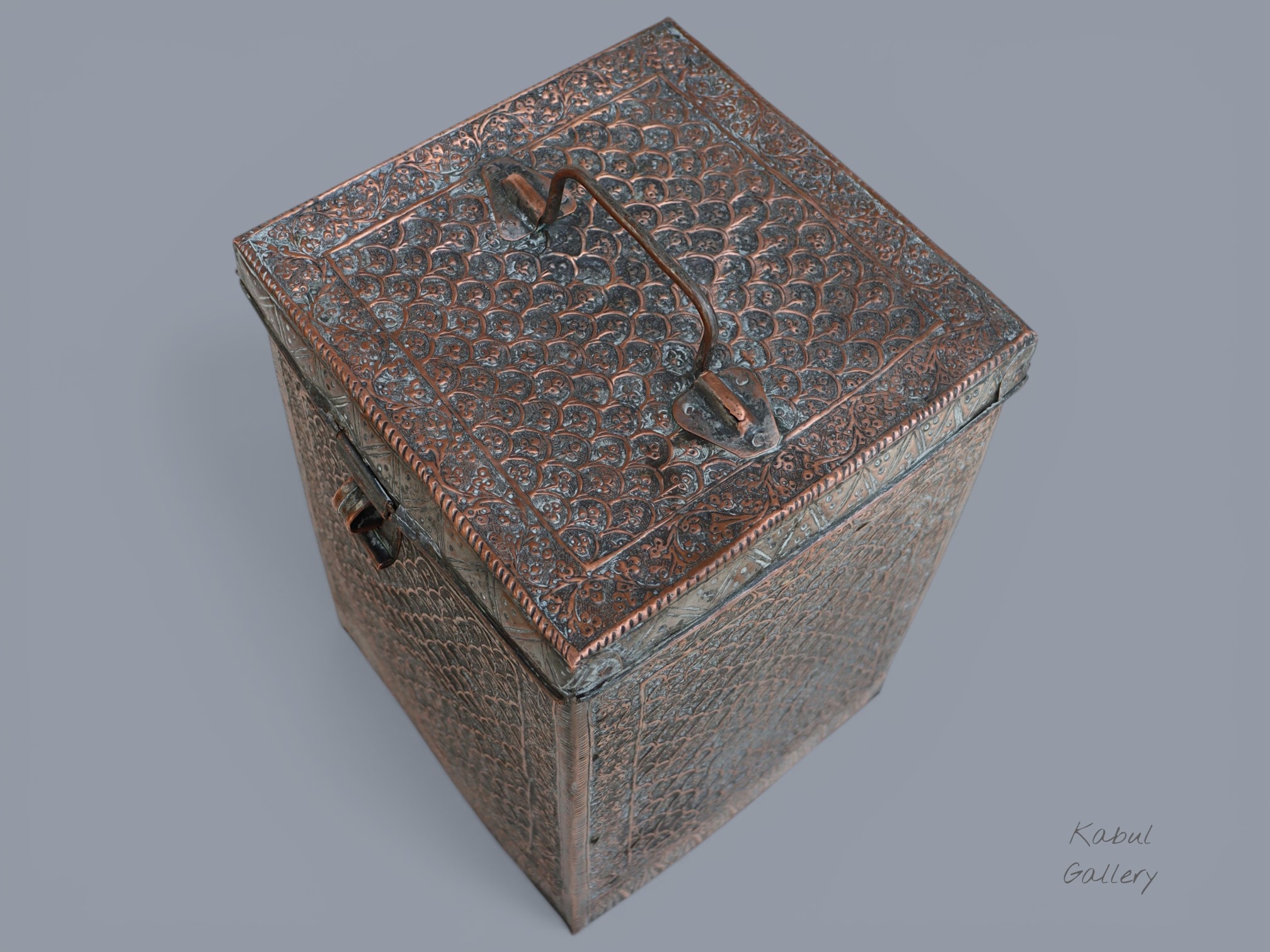 antique islamic solid copper tinned box chest tube jewelry box casket from Afghanistan 19th century No:ET26