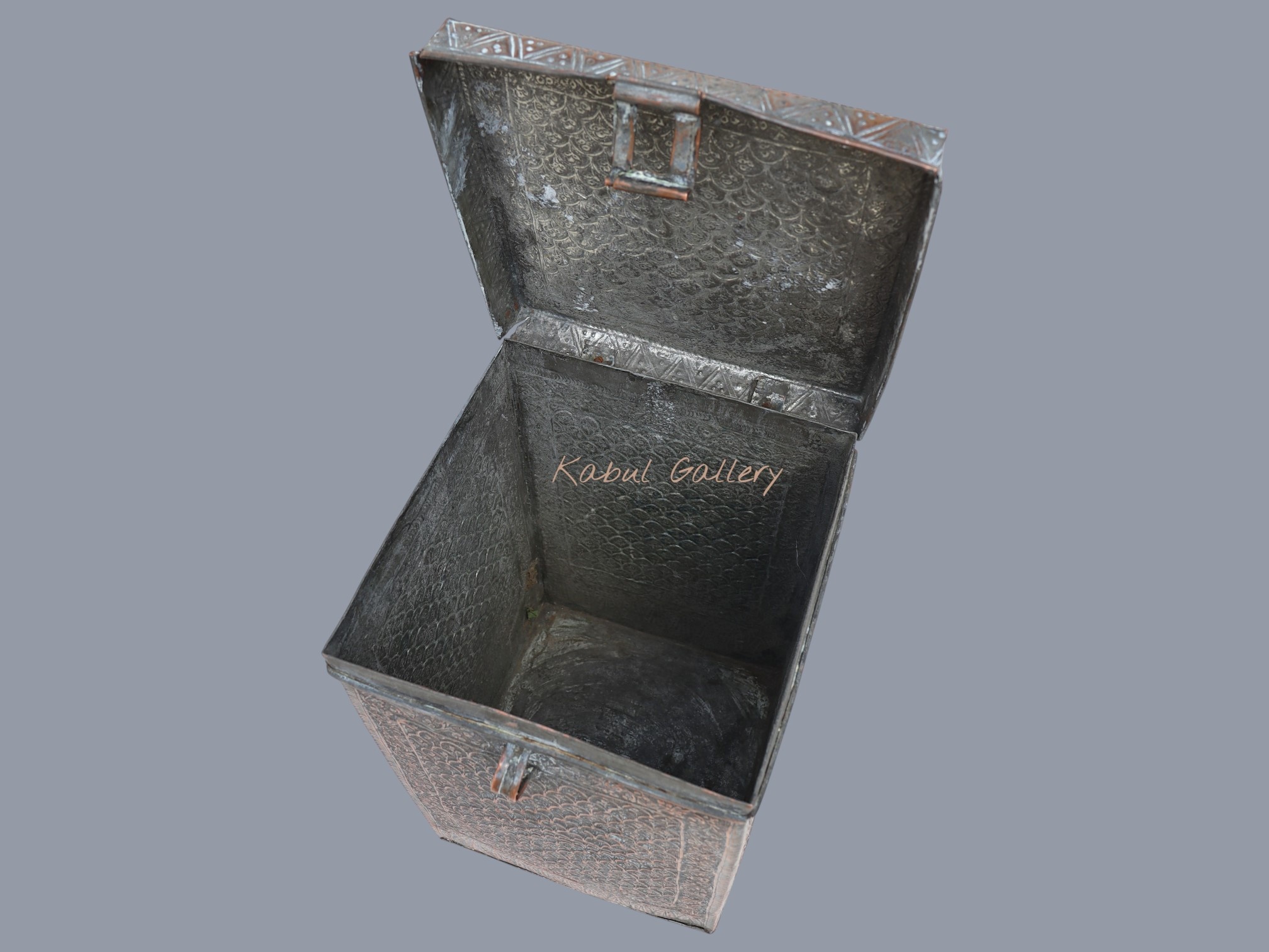 antique islamic solid copper tinned box chest tube jewelry box casket from Afghanistan 19th century No:ET26