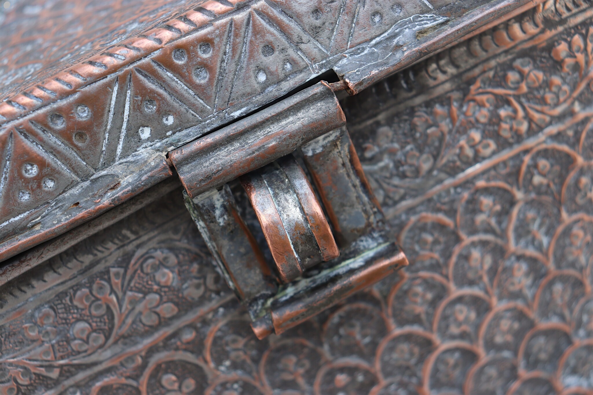 antique islamic solid copper tinned box chest tube jewelry box casket from Afghanistan 19th century No:ET26