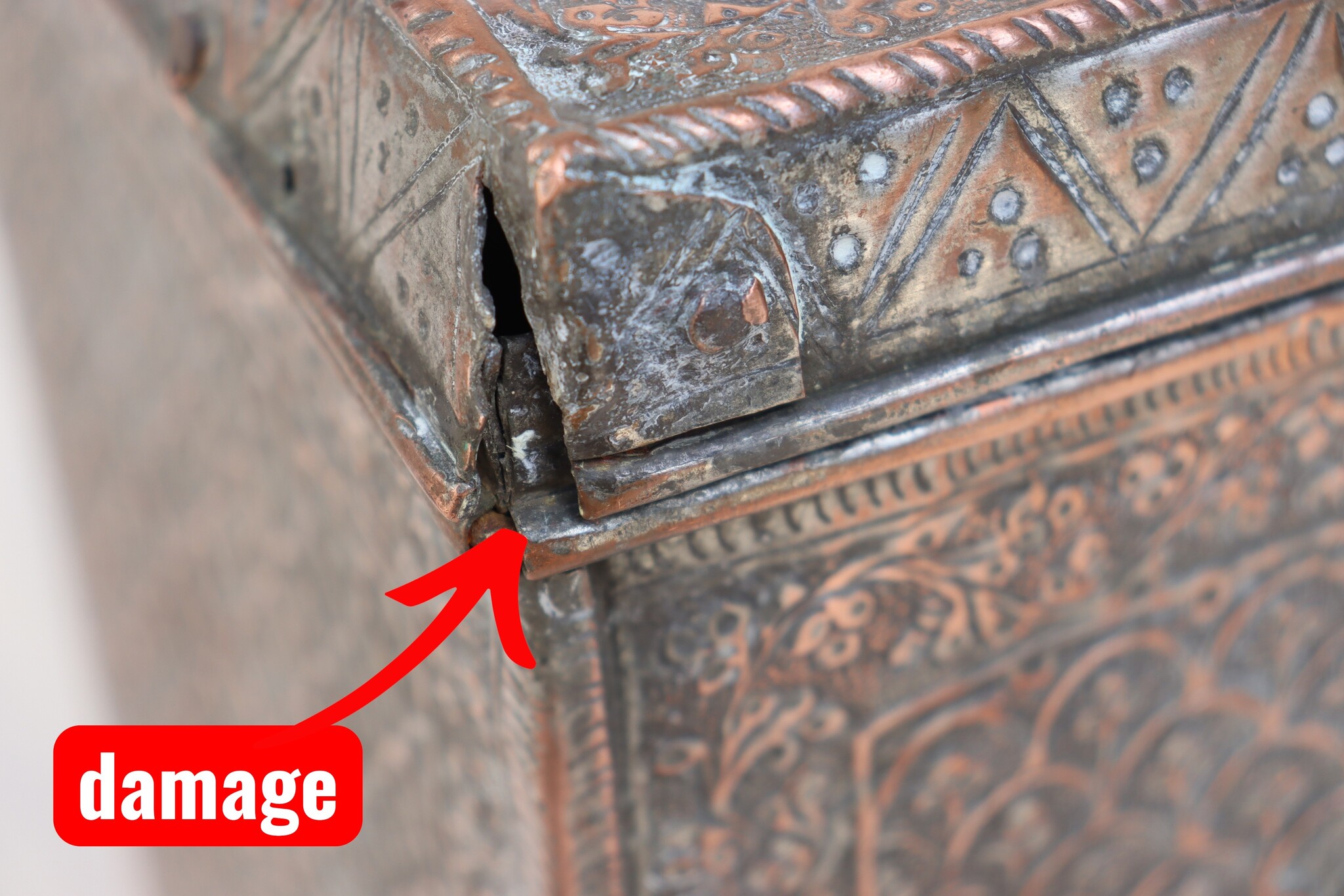 antique islamic solid copper tinned box chest tube jewelry box casket from Afghanistan 19th century No:ET26