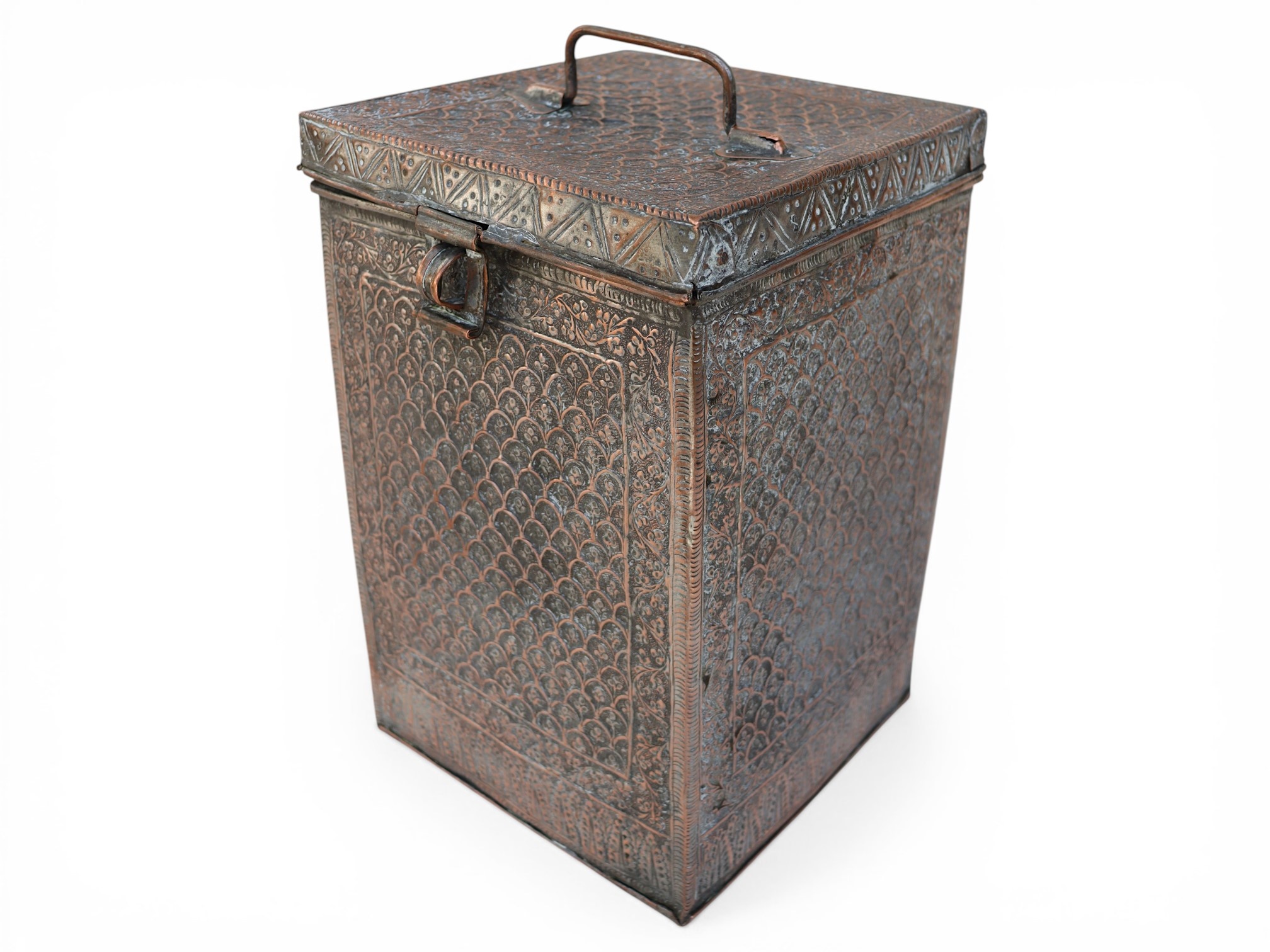 antique islamic solid copper tinned box chest tube jewelry box casket from Afghanistan 19th century No:ET26