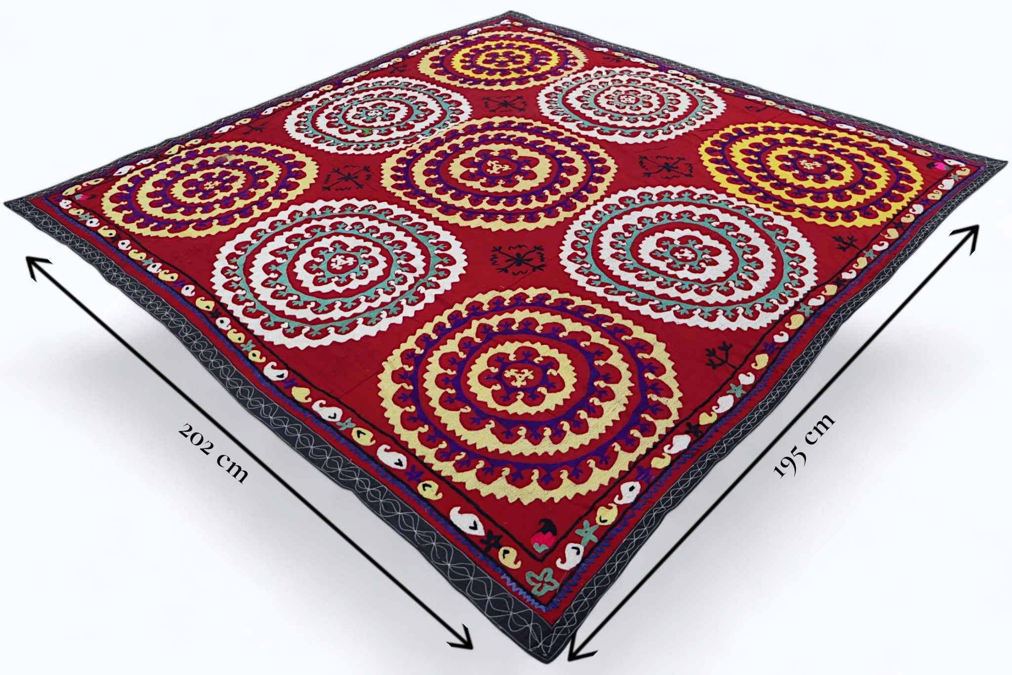 202x195  cm Hand Embroidered suzani from Uzbekistan.Tablecloth, Wall hanging, Bedspread,Bedcover No. UZ26/18