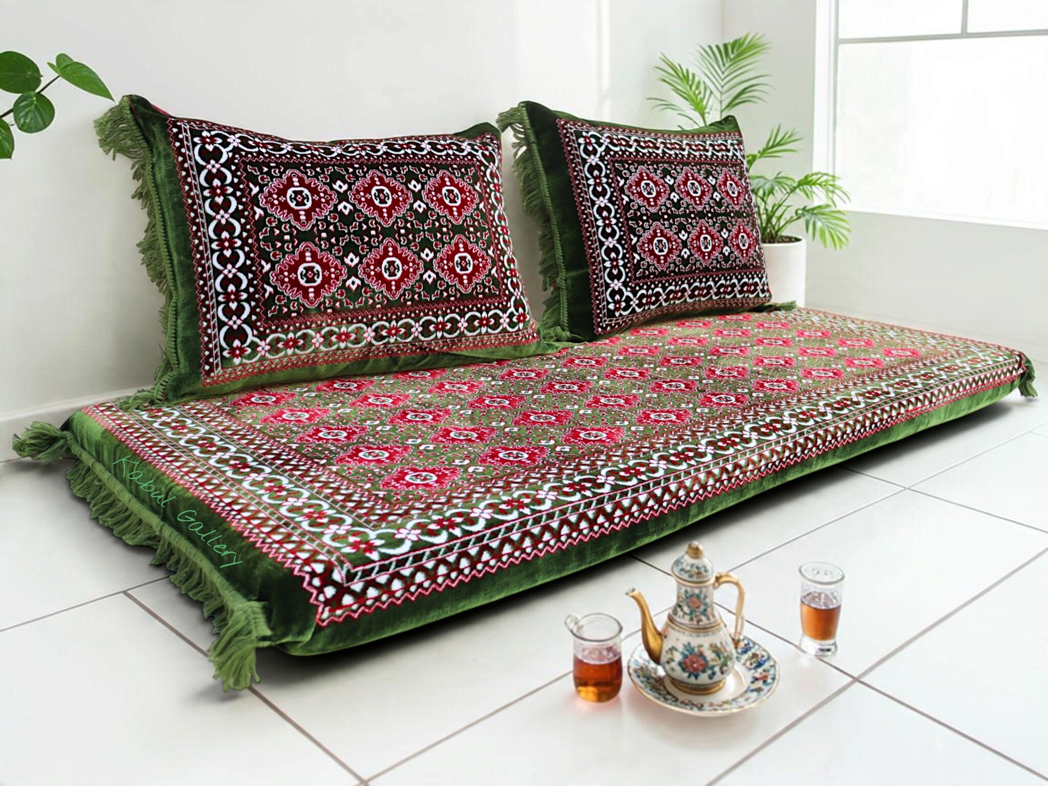 Set of 3 Pcs  1x Mattress  + 2x cushions orient Afghan nomad pillow rug seat floor cushion 1001-night Seating  majlis Toshak توشک  (Green 26)