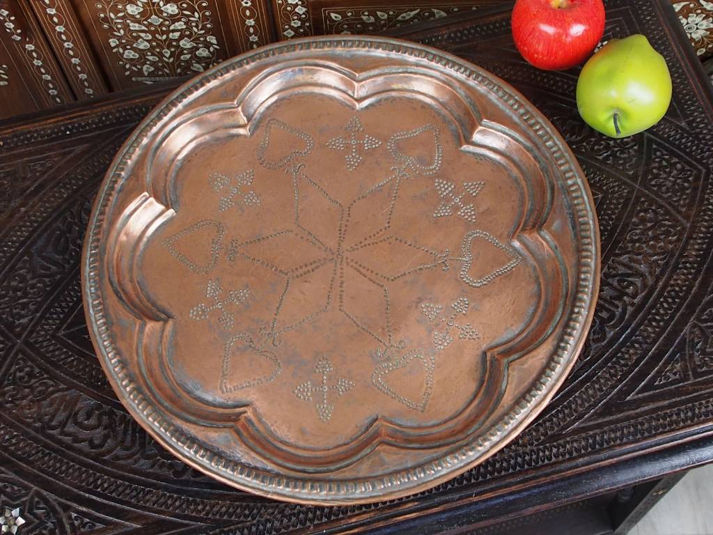 43 cm Antique ottoman orient Islamic Hammer Engraved copper Tray Plate from Afghanistan K2