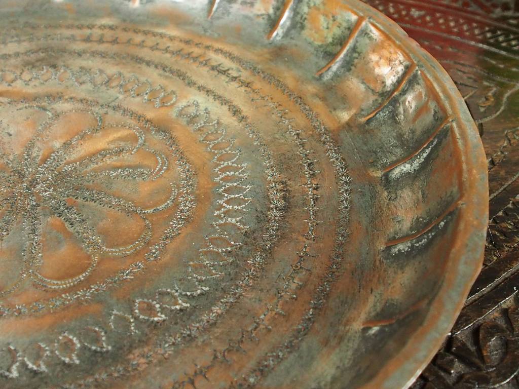 30 cm Antique ottoman orient Islamic Hammer Engraved  copper Tray Plate from Afghanistan K15