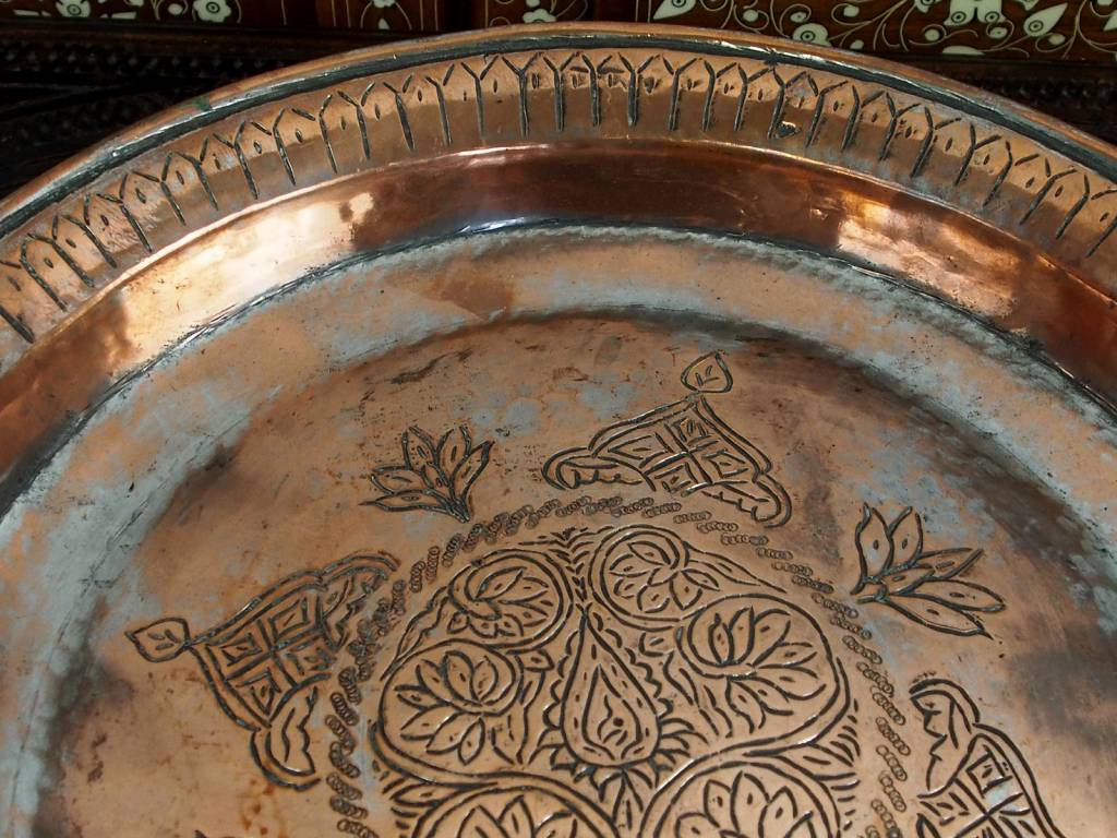 38 cm Antique ottoman orient Islamic Hammer Engraved copper Tray Plate from Afghanistan K26