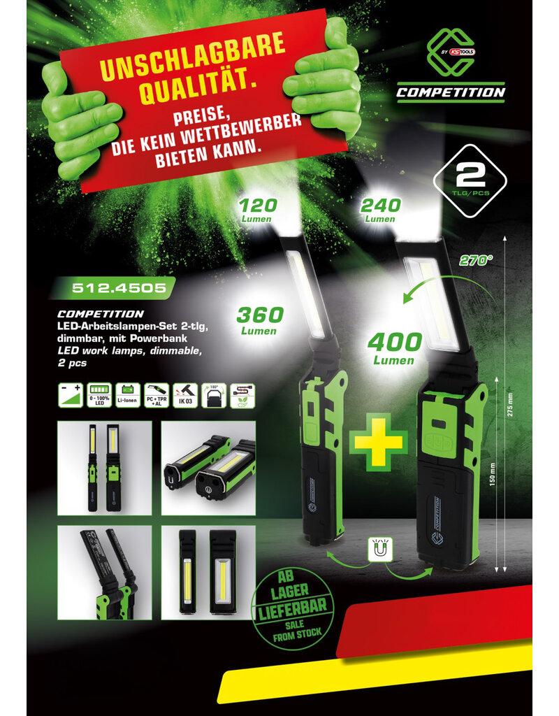 KS TOOLS Competition cob led werklamp 2 stuks 512.4505