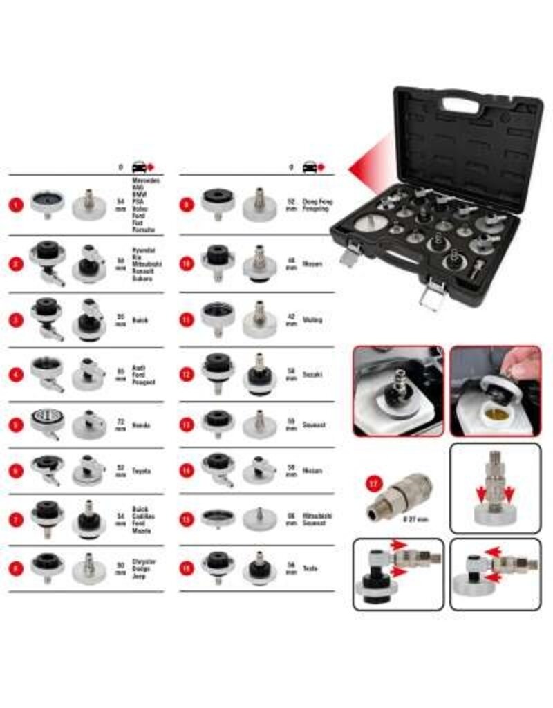 KS TOOLS Universele ontluchtingsnippeladapterset voor remontluchting, 17-dlg 160.0815