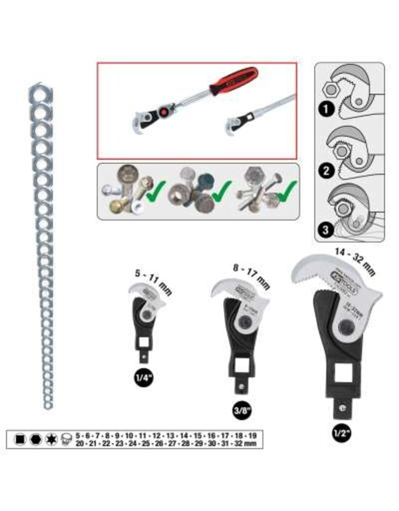 KS TOOLS 1/4" + 3/8" + 1/2" multifunctionele sleutelset, 3-dlg - 114.0060