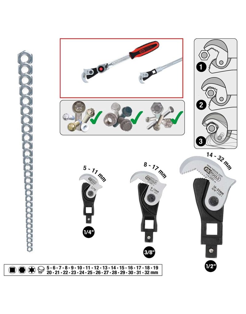 KS TOOLS 1/4" + 3/8" + 1/2" multifunctionele sleutelset, 3-dlg - 114.0060