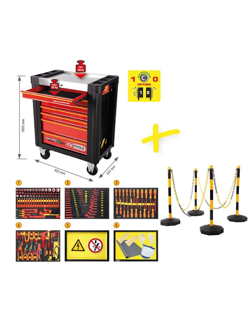 KS TOOLS PERFORMANCEplus gereedschapwagen e10 met 164 geïsoleerde gereedschappen voor hybride- en elektrische voertuigen - 117.6155