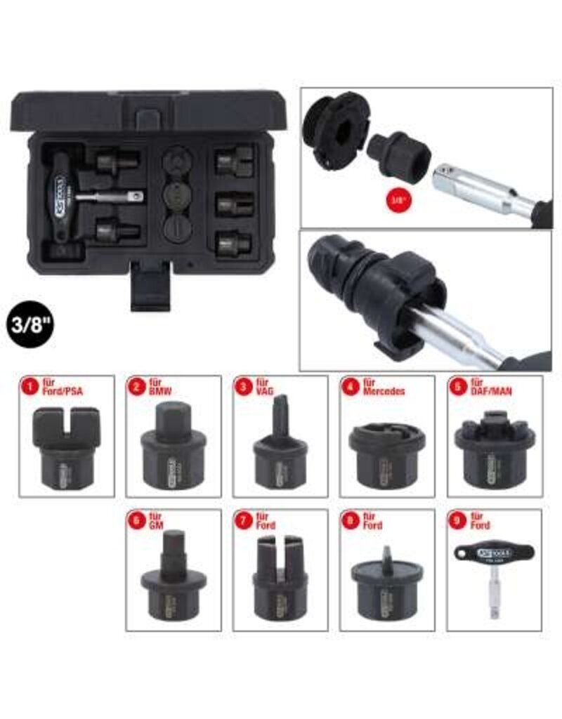 KS TOOLS speciale 3/8" olieverversingsprofielset voor kunststof olieaftappluggen, 9-dlg - 150.1040