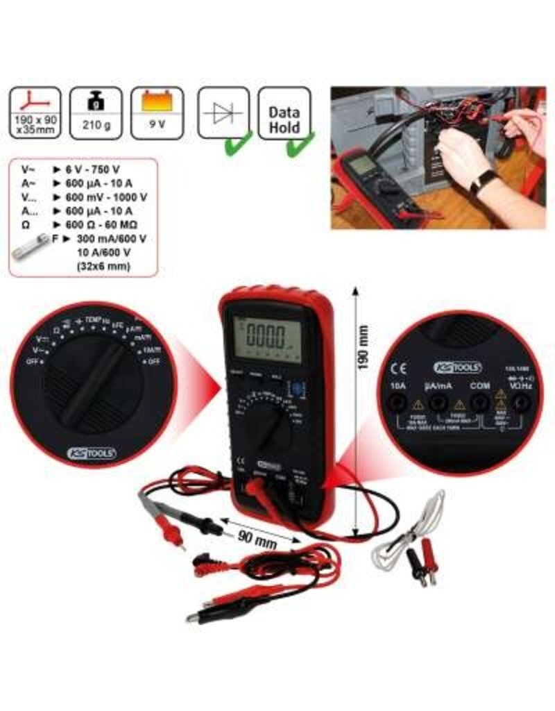 KS TOOLS digitale multimeter inclusief testpennen en krokodillenklemmen - 150.1480