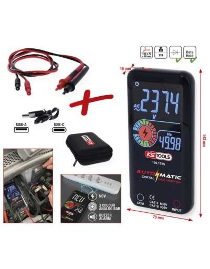 KS TOOLS Automatische digitale multimeter incl. testpennen - 150.1765