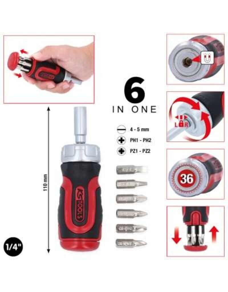 KS TOOLS 1/4" 6 in 1 Mini-ratel-schroevendraaier - 159.2025