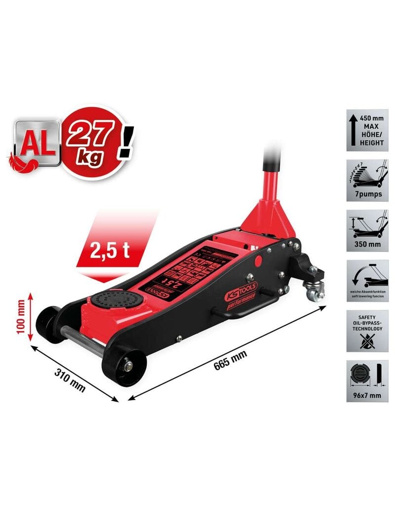 KS TOOLS performance aluminium hydraulische krik, 2500 kg, hefhoogte: 100 - 450 mm - 160.1005