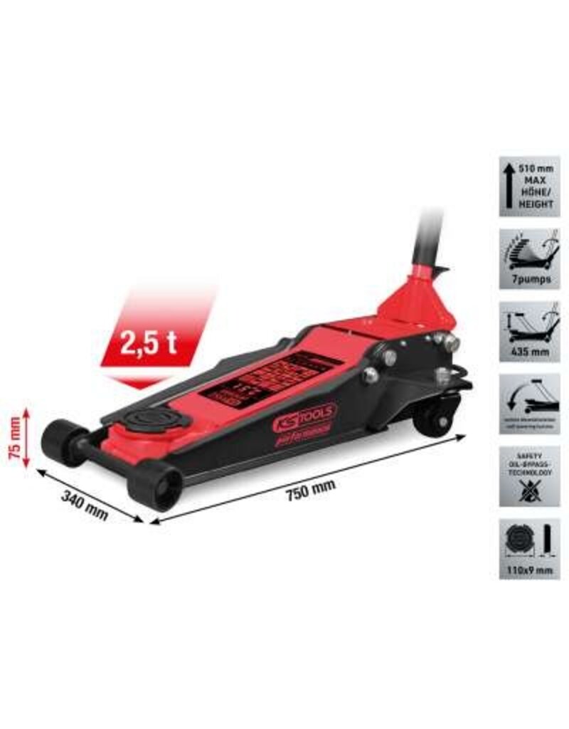 KS TOOLS performance stalen hydraulische krik, 2500 kg, vlak, hefhoogte: 75 - 510 mm - 160.1015