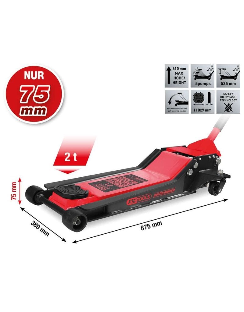 KS TOOLS performance stalen hydraulische krik, 2000 kg, vlak, hefhoogte: 75 - 610 mm - 160.1025