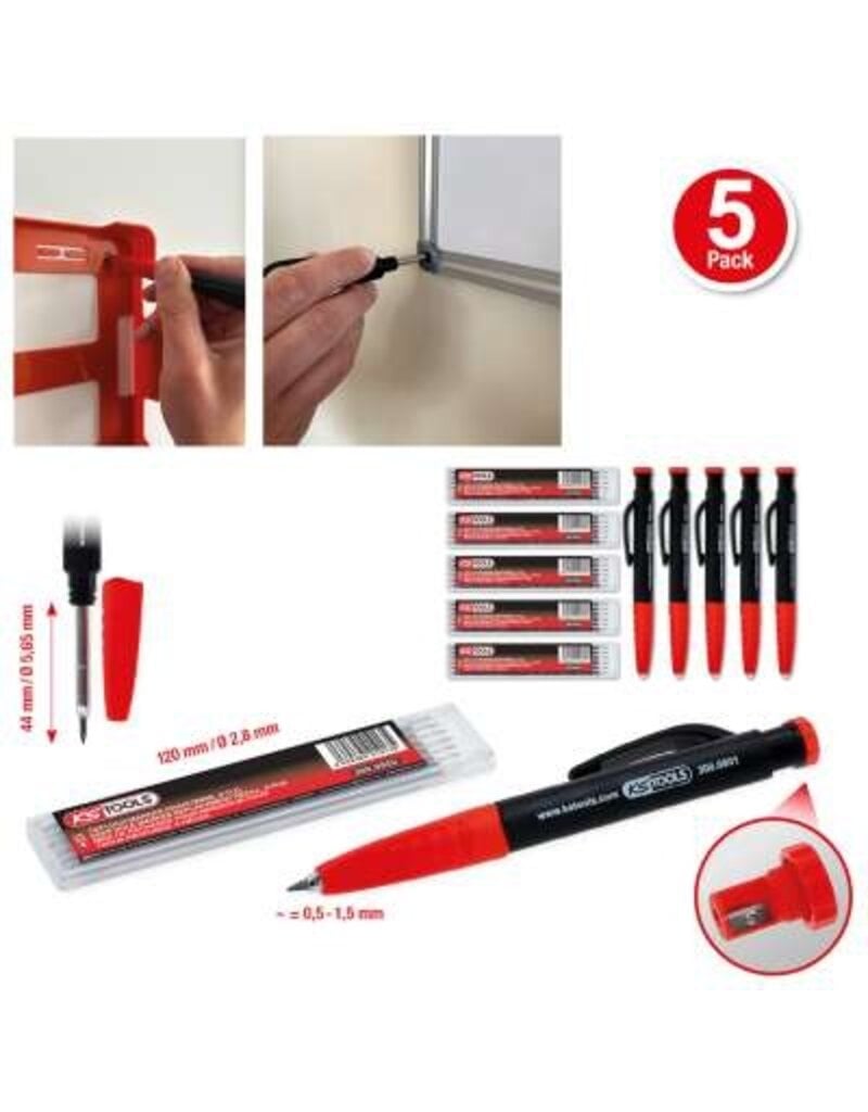 KS TOOLS 2-in-1 vulpotlood- en diepgatmarkeerpenset, 8-dlg, verpakking 5 stuks - 300.0800