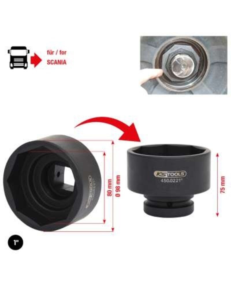 KS TOOLS 1" asmoersleutel voor Scania 8-kant, 80 mm - 450.0221