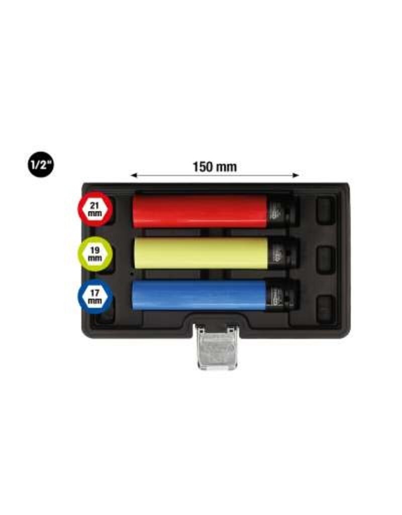KS TOOLS Kracht dopsleutelset, extra lang, voor alu-velgen, 3-dlg 1/2", 17, 19, 21 mm - 515.0865