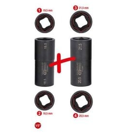 KS TOOLS Speciale 1/2" krachtdoppenset voor aluminiumvelgen voor Ford, 18,5 / 19,5 / 20,5 / 21,5 mm, 2-dlg - 515.0895