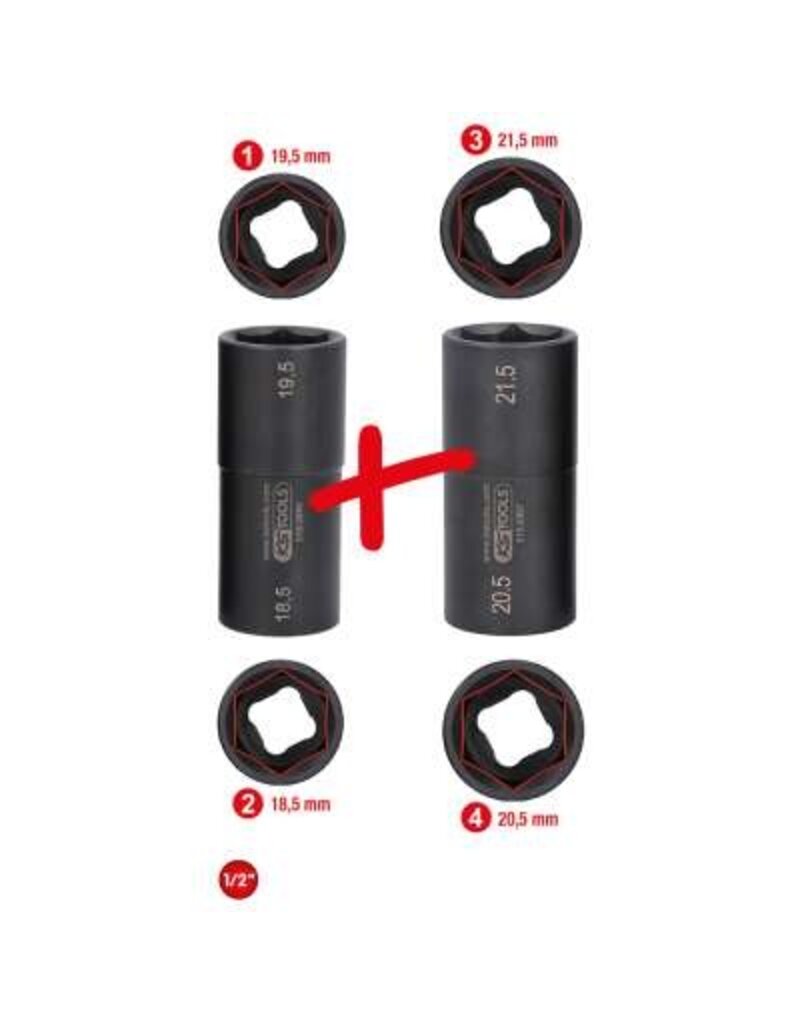 KS TOOLS Speciale 1/2" krachtdoppenset voor aluminiumvelgen voor Ford, 18,5 / 19,5 / 20,5 / 21,5 mm, 2-dlg - 515.0895