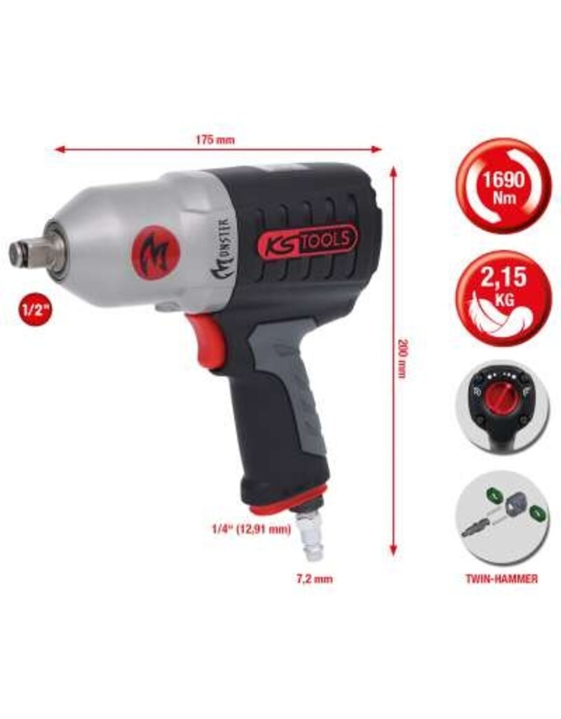 KS TOOLS 1/2" MONSTER krachtige pneumatische slagmoersleutel, 1690 Nm - 515.1210