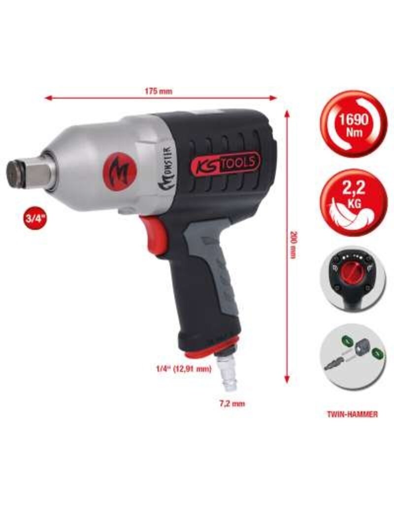 KS TOOLS 3/4" MONSTER krachtige pneumatische slagmoersleutel, 1690 Nm - 515.3785