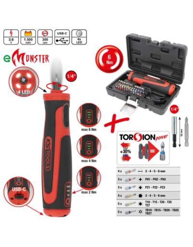 KS TOOLS 1/4" eMONSTER accu-bit-schroefmachineset, 27-dlg, 6 Nm - 515.6550