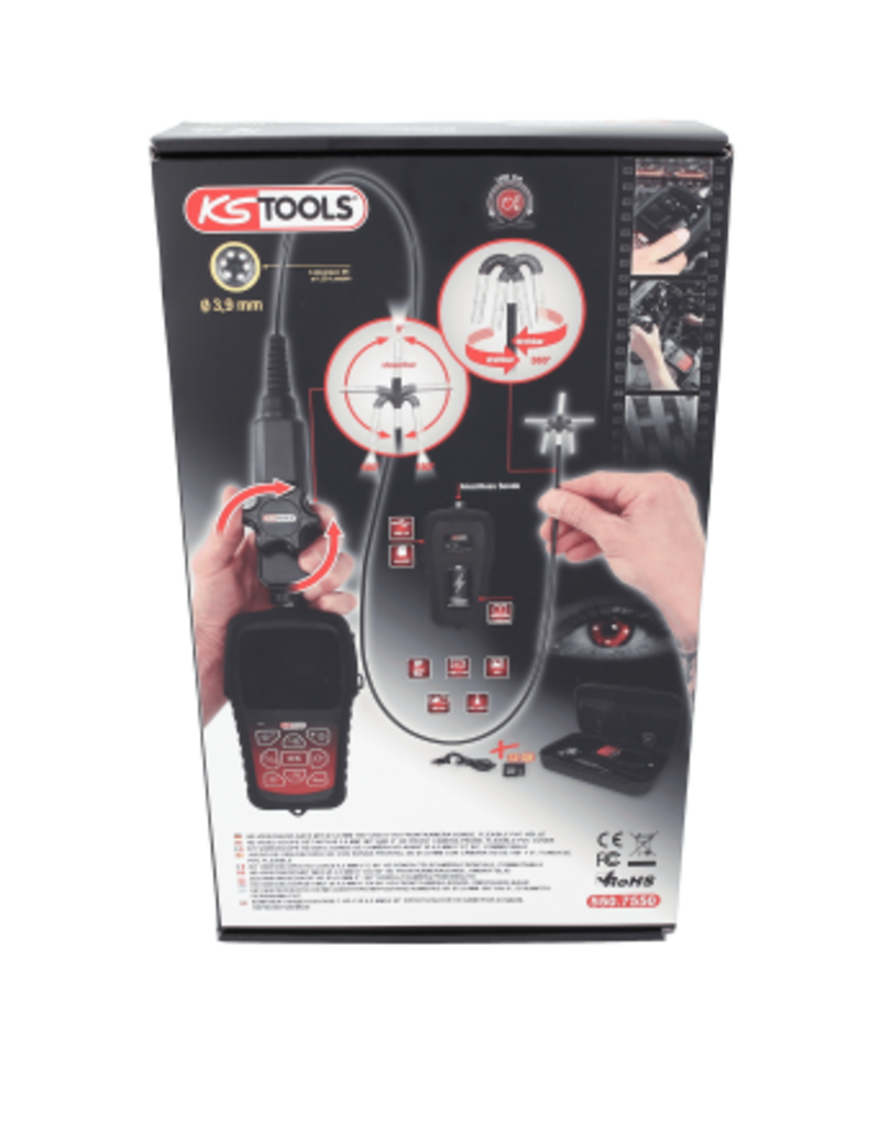 KS TOOLS HD-videoscoopset met Ø 3,9 mm 180° en 0° HD-frontcamerasonde, flexibele PVC-huls, 3-dlg - 550.7550