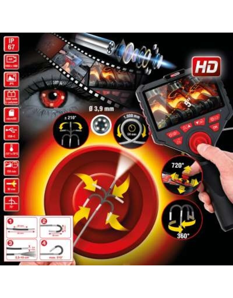 KS TOOLS HD-videoscoopset met Ø 3,9 mm 720 en 0° HD-frontcamera-sonde, flexibele PVC-huls - 550.7580