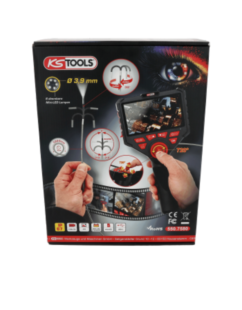 KS TOOLS HD-videoscoopset met Ø 3,9 mm 720 en 0° HD-frontcamera-sonde, flexibele PVC-huls - 550.7580