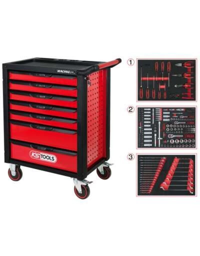 KS TOOLS RACINGline ZWART/ROOD gereedschapswagen met 7 laden en 215 premium gereedschappen - 826.7215