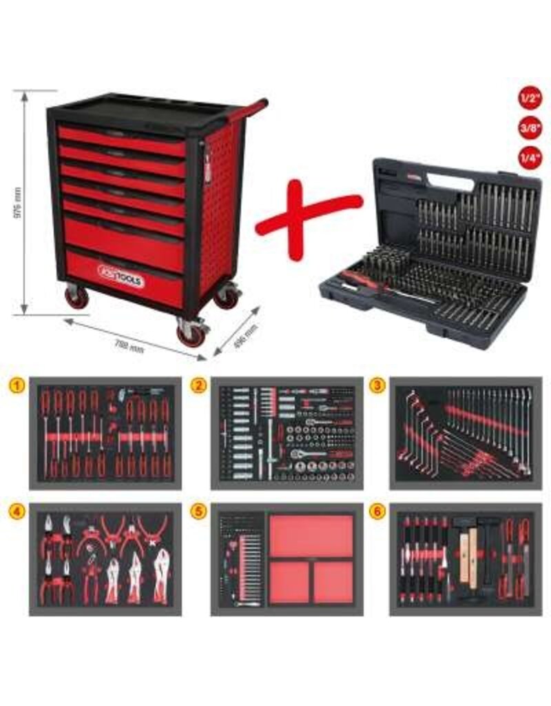KS TOOLS RACINGline ZWART/ROOD gereedschapswagen met 7 laden en 598 premium gereedschappen - 826.7598