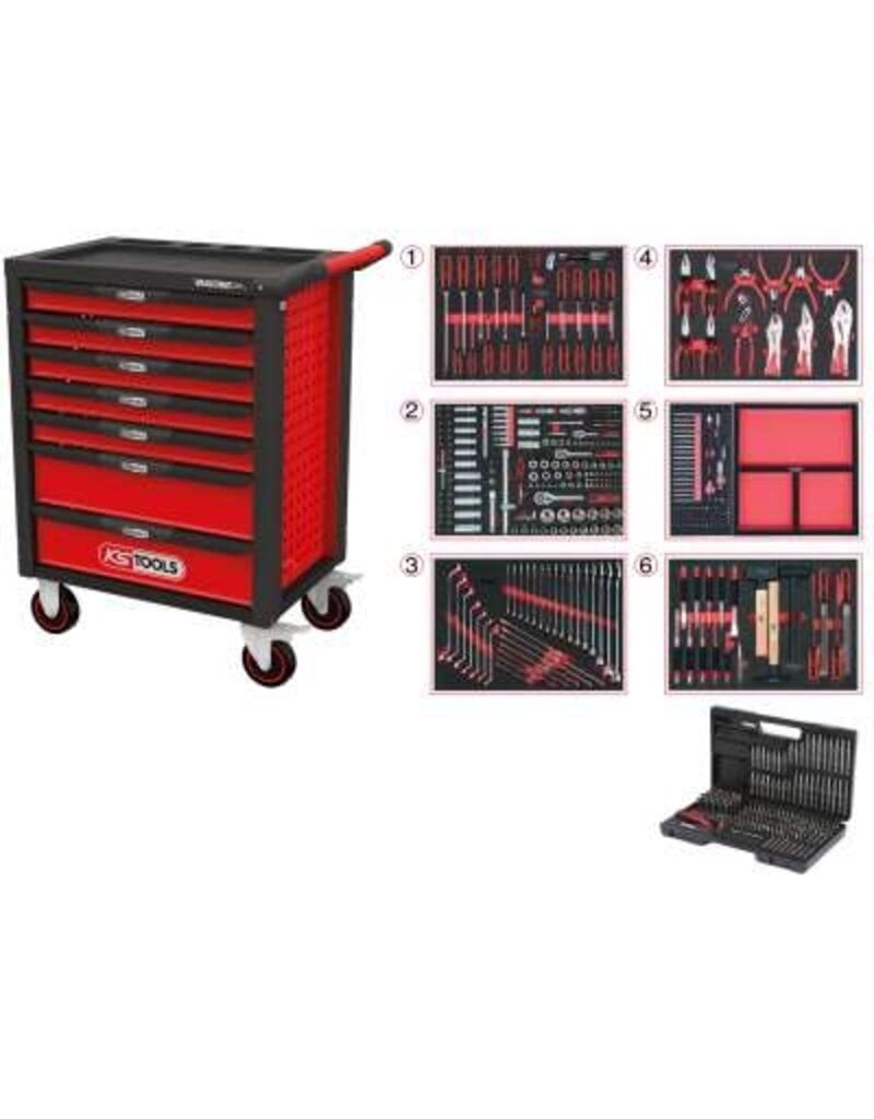 KS TOOLS RACINGline ZWART/ROOD gereedschapswagen met 7 laden en 598 premium gereedschappen - 826.7598