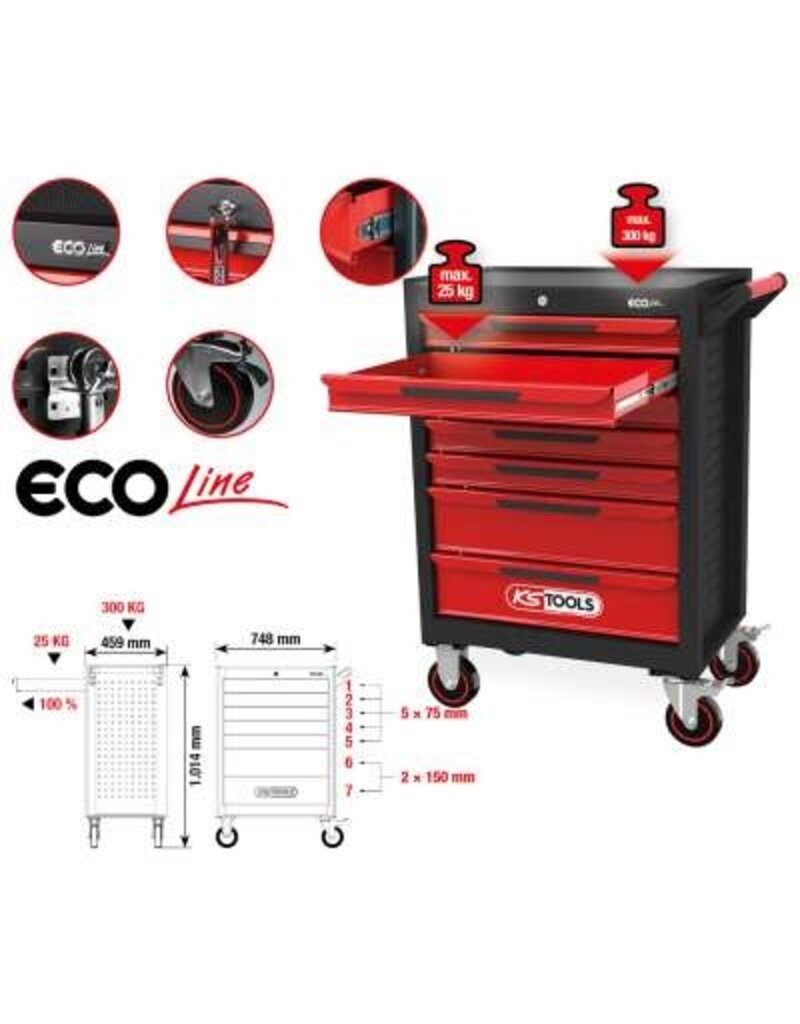 KS TOOLS ECOline ZWART/ROOD gereedschapswagen met 7 laden - 897.0007