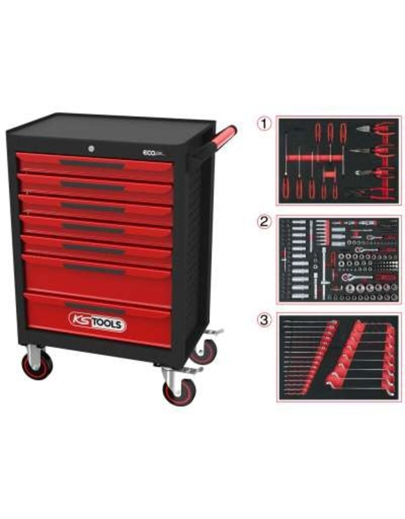 KS TOOLS ECOline ZWART/ROOD gereedschapswagen met 7 laden en 215-dlg Premium gereedschap - 897.7215