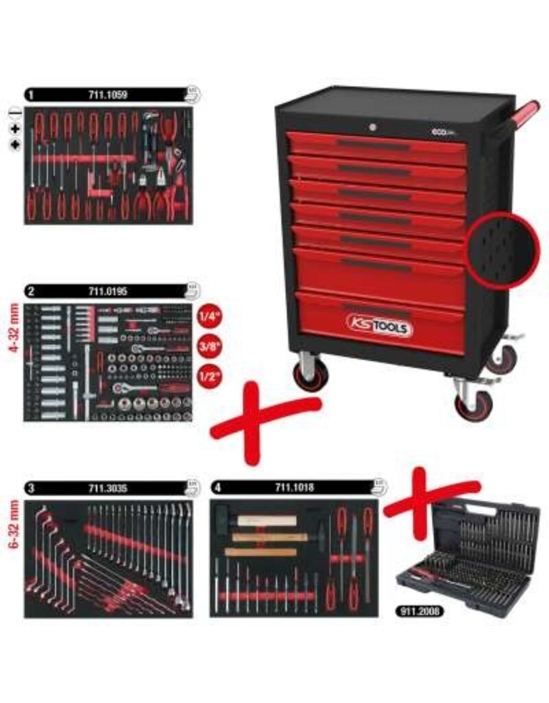 KS TOOLS ECOline ZWART/ROOD gereedschapswagen met 7 laden en 515-dlg Premium gereedschap - 897.7515