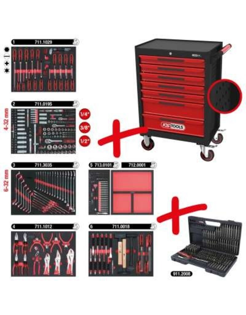 KS TOOLS ECOline ZWART/ROOD gereedschapswagen met 7 laden en 598-dlg Premium gereedschap - 897.7598