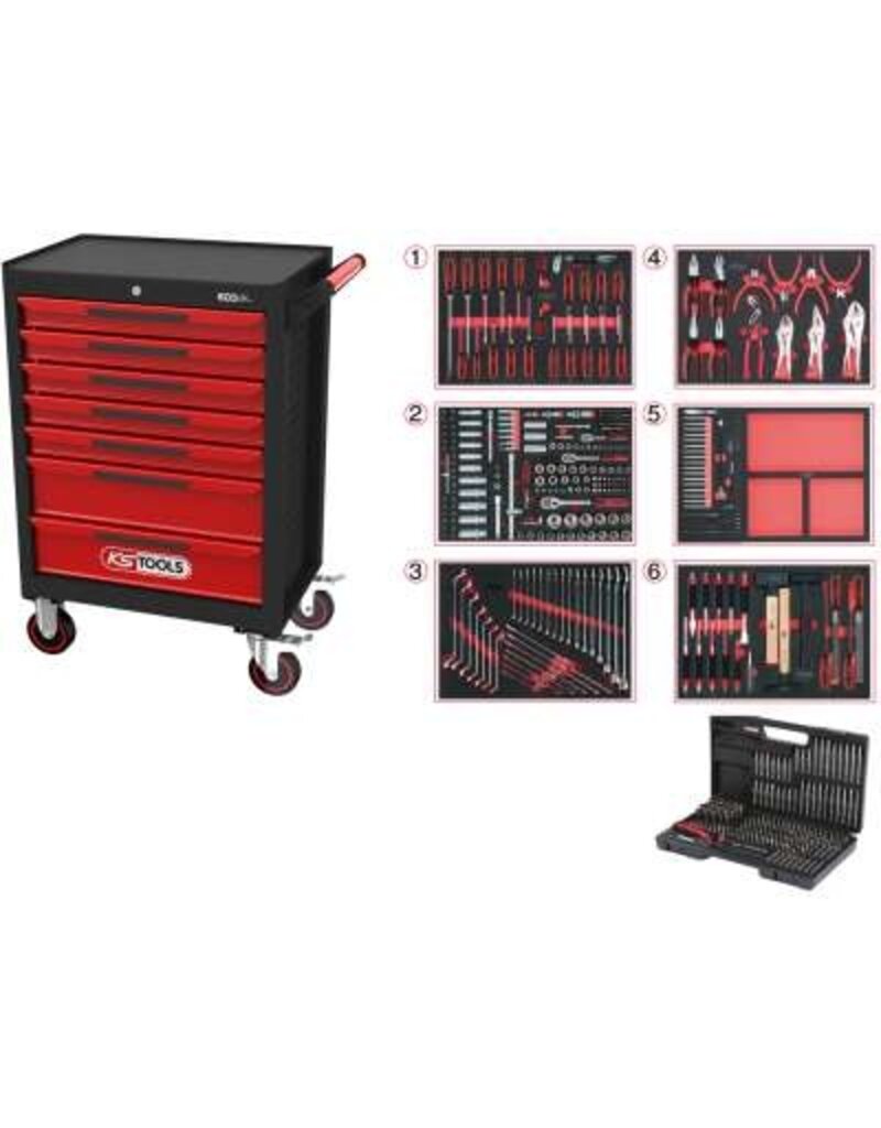KS TOOLS ECOline ZWART/ROOD gereedschapswagen met 7 laden en 598-dlg Premium gereedschap - 897.7598